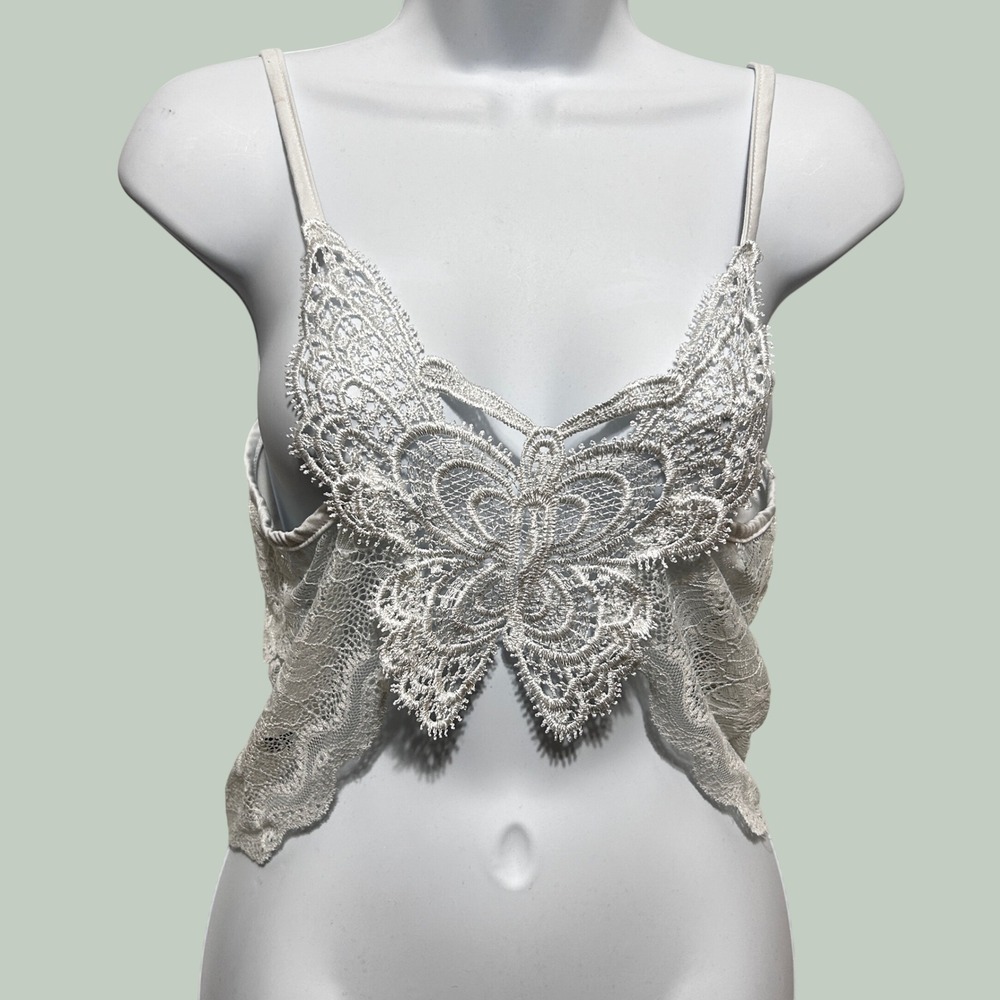 Y2K Fairy Butterfly Lace Cami Crop Top Sheer White Applique Romantic Coquette